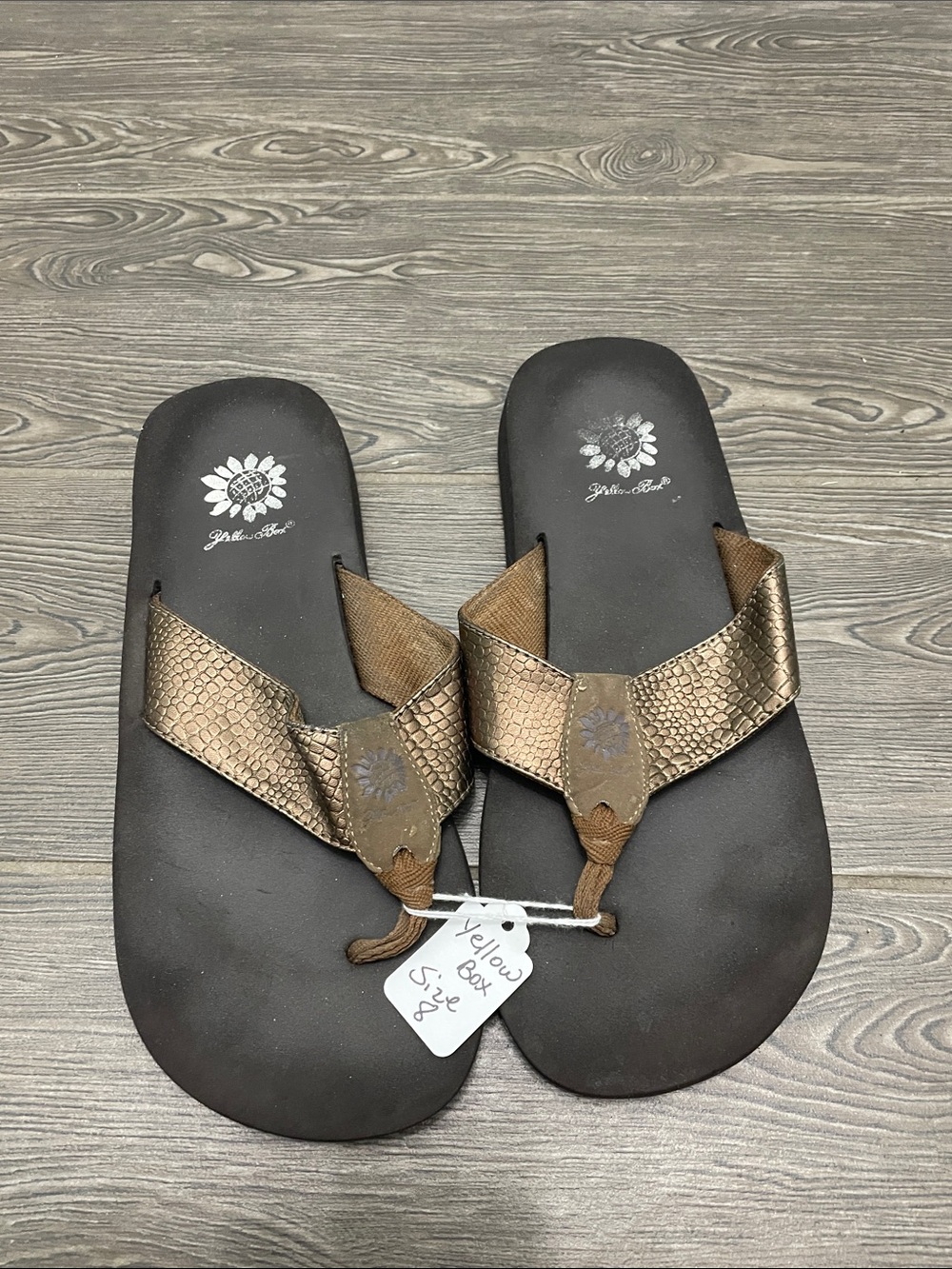 Yellow Box Bronze Snake-Texture Thong Sandals
